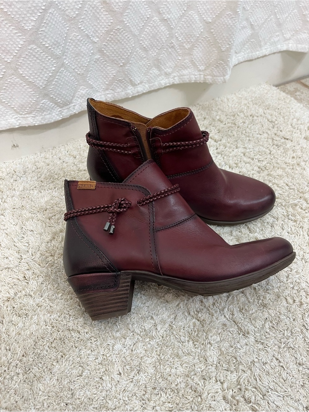 PIKOLINOS Burgundy Leather Braided Strap Ankle Boots